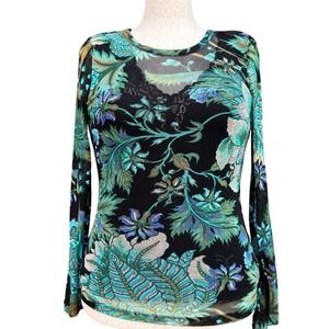 Vtg Y2K Karen Kane Floral Sheer Mesh Long Sleeve Top XL Teal Blue Whimsigoth